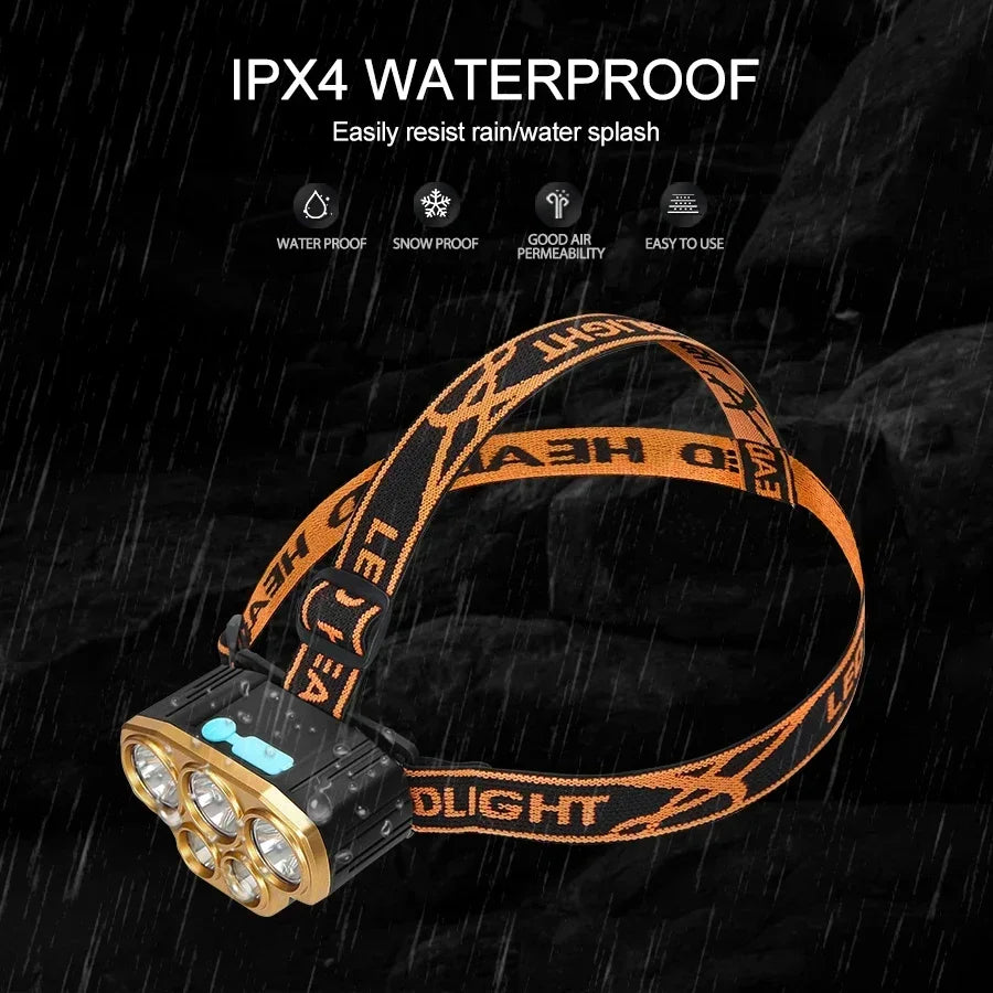 5 LED Strong Light Headlamp Built in 18650 Battery USB Rechargeable Head Flashlight Outdoor Ultra Bright Fishing Camping Lamp