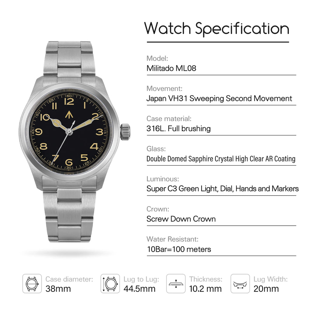 Militado ML08 Military Watch VH31 Quartz Movement Double Sapphire Crystal C3 BGW9 Luminous 10Bar Waterproof 38mm Vintage Watch