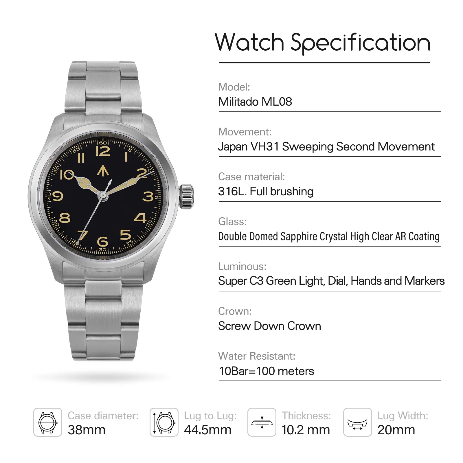 Militado ML08 Military Watch VH31 Quartz Movement Double Sapphire Crystal C3 BGW9 Luminous 10Bar Waterproof 38mm Vintage Watch