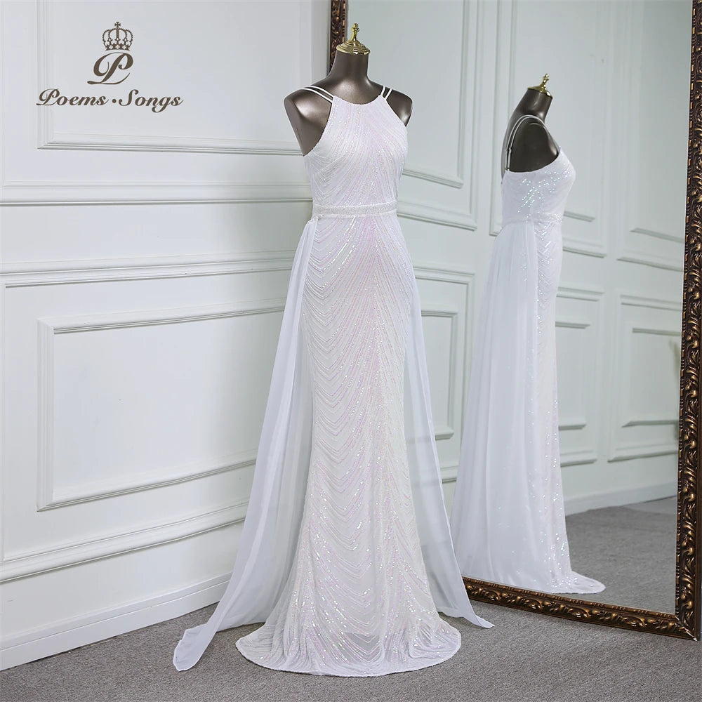 luxury sequins mermaid evening dress With Detachable Chiffon Train Prom Dress evening party dresses for women wedding party