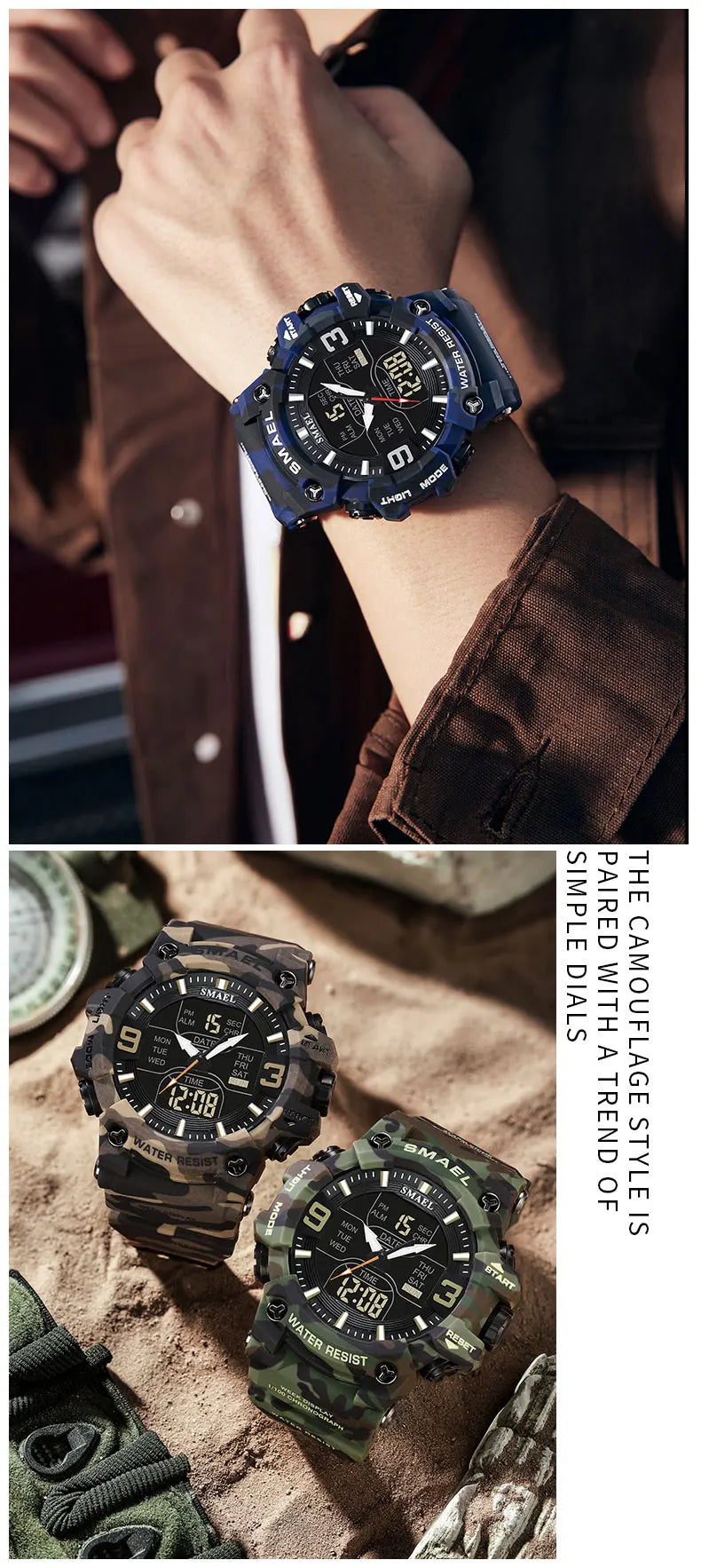 Military Watches Men Sport  Watch Waterproof Alarm Clock Dual Time Wristwatches Digital 8049B Army Watches Military