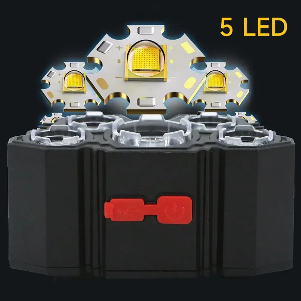 5 LED Strong Light Headlamp Built in 18650 Battery USB Rechargeable Head Flashlight Outdoor Ultra Bright Fishing Camping Lamp