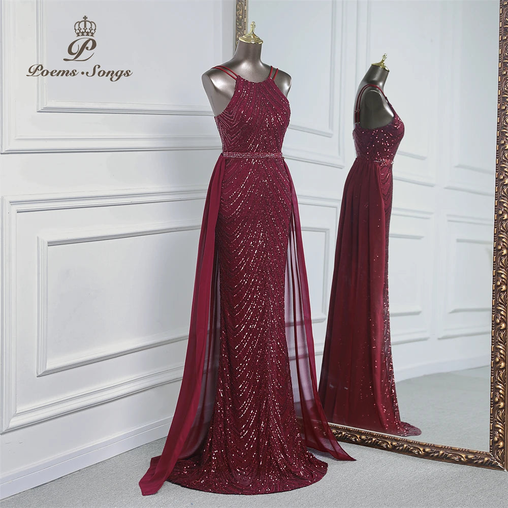 luxury sequins mermaid evening dress With Detachable Chiffon Train Prom Dress evening party dresses for women wedding party