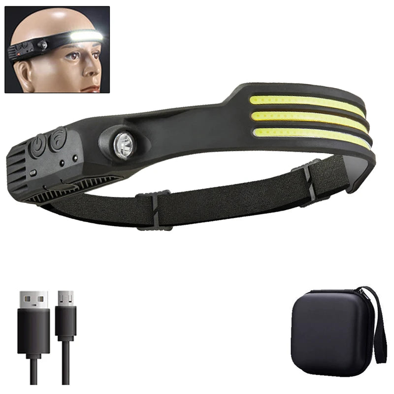LED COB Induction Headlamp Built-in Battery Sensor Head Flashlight USB Rechargeable 5 Lighting Modes Waterproof Headlight