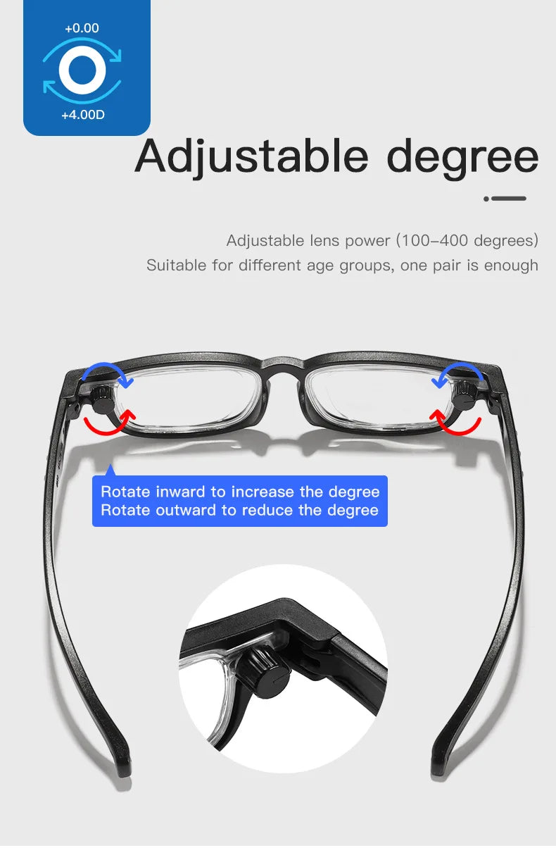 Portable Rotatable Adjustable Focal Length Reading Glasses Square Full Frame Adjustable From +50 To +350 Degrees Eyeglasses