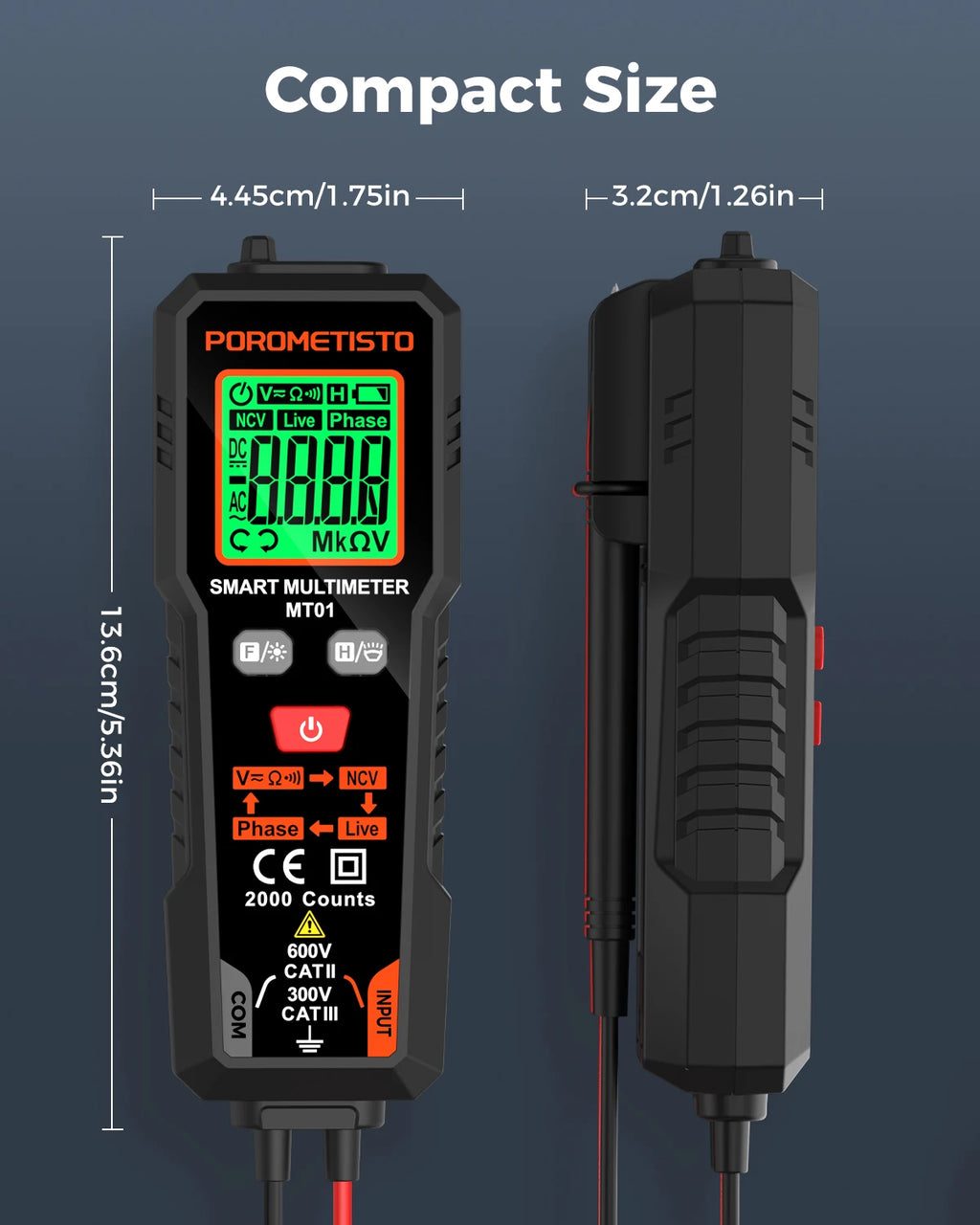 MT01 Digital Multimeter 2000 Counts 600V AC/DC Volt Meter Auto-ranging NCV Phase Sequence Resistance Multimetre with Backlight