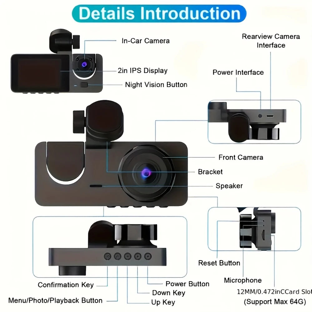 Triple Lens WiFi Dashcam 2/3 Channel Car Camera 1080P HD Video Recorder, Night Vision Car DVR with Wide Angle for Front and Rea