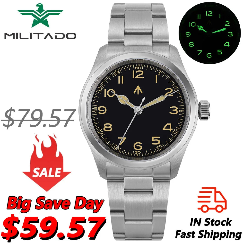 Militado ML08 Military Watch VH31 Quartz Movement Double Sapphire Crystal C3 BGW9 Luminous 10Bar Waterproof 38mm Vintage Watch