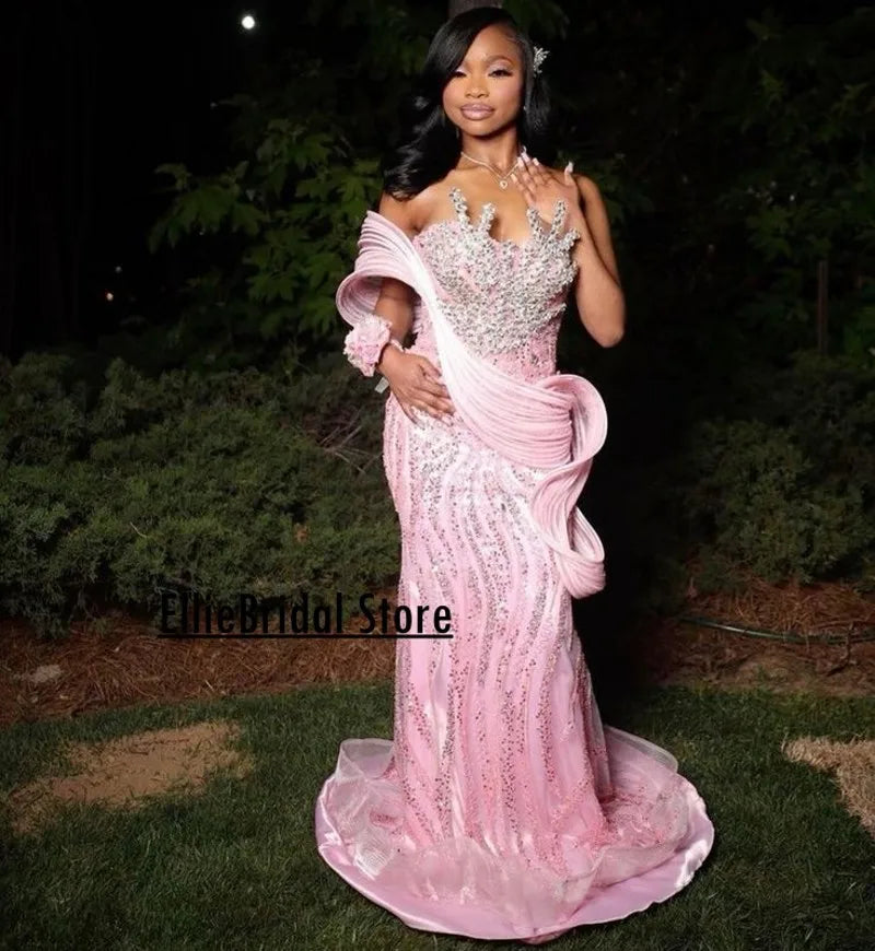 Pink Prom Dresses 2025 For Black Girls Sequin Beading Mermaid Party Gowns Crystal African Women vestidos de festas Customized