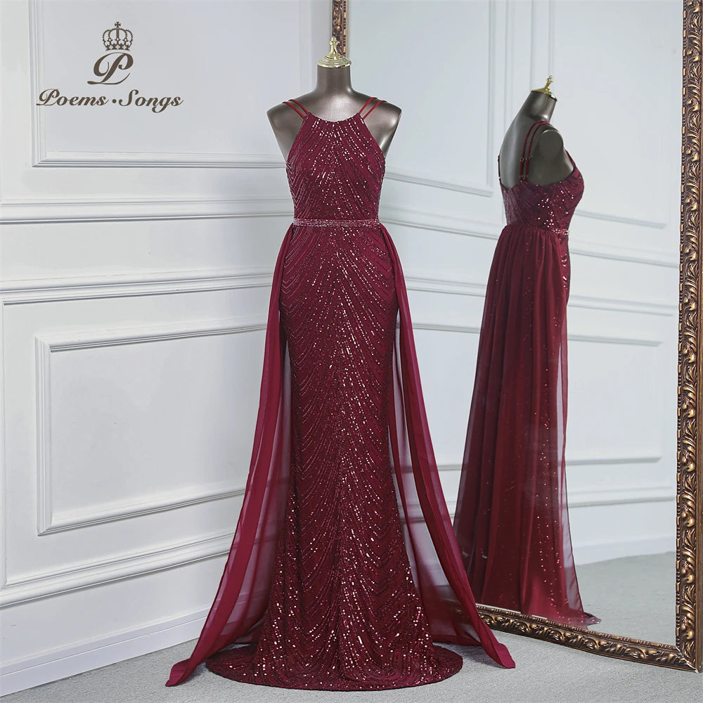 luxury sequins mermaid evening dress With Detachable Chiffon Train Prom Dress evening party dresses for women wedding party