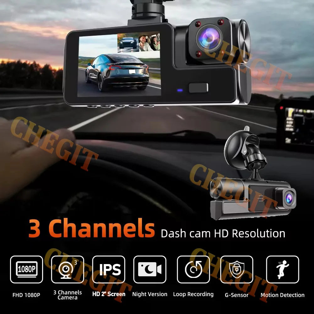 3Lens Dash Cam for Cars 2" Car DVR 1080P Video Recorder Front Rear View Camera for Vehicle Night Vision Black Box Car Assecorie