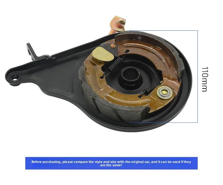 Electric scooter with 110-volt motor and integrated rear brake, electric motorcycle drum brake, tensioning assembly.