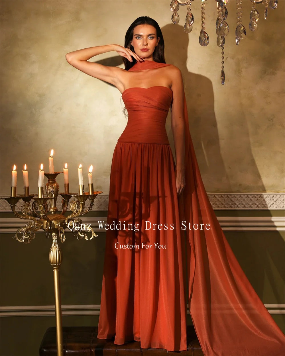 Qanz Burnt Orange Strapless Evening Dresses Women Modest Chiffon Scarf Party Dresses Long A Line Vestidos De Gala Customized