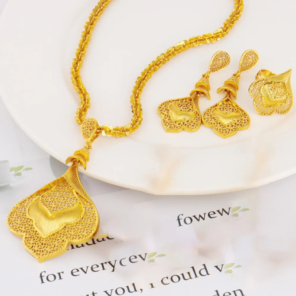 Nigerian Jewelery Set For Women Dubai 24K Gold Color Jewlery African Designer Wedding Bridal Necklace Earring Ring Gift