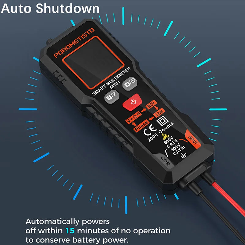 MT01 Digital Multimeter 2000 Counts 600V AC/DC Volt Meter Auto-ranging NCV Phase Sequence Resistance Multimetre with Backlight
