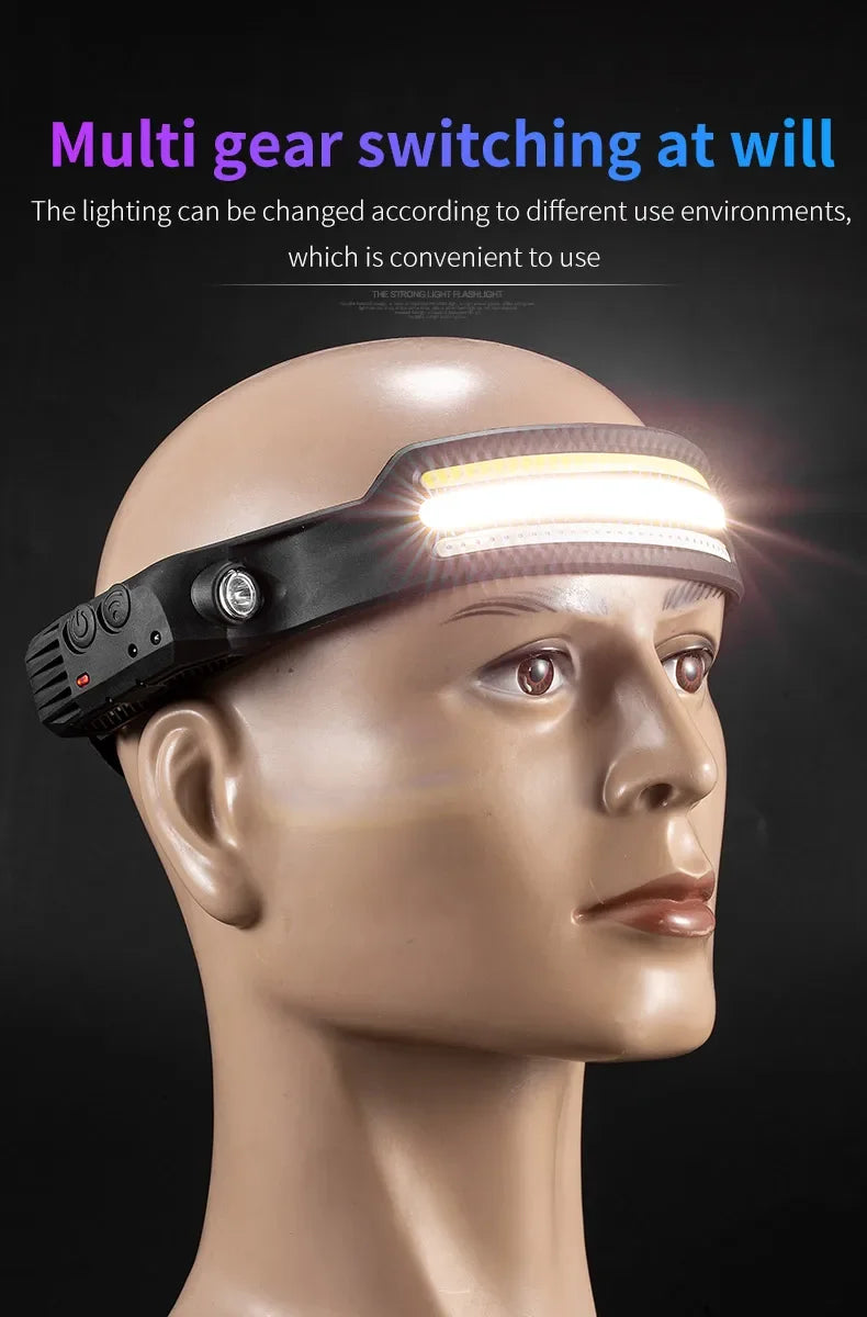 LED COB Induction Headlamp Built-in Battery Sensor Head Flashlight USB Rechargeable 5 Lighting Modes Waterproof Headlight