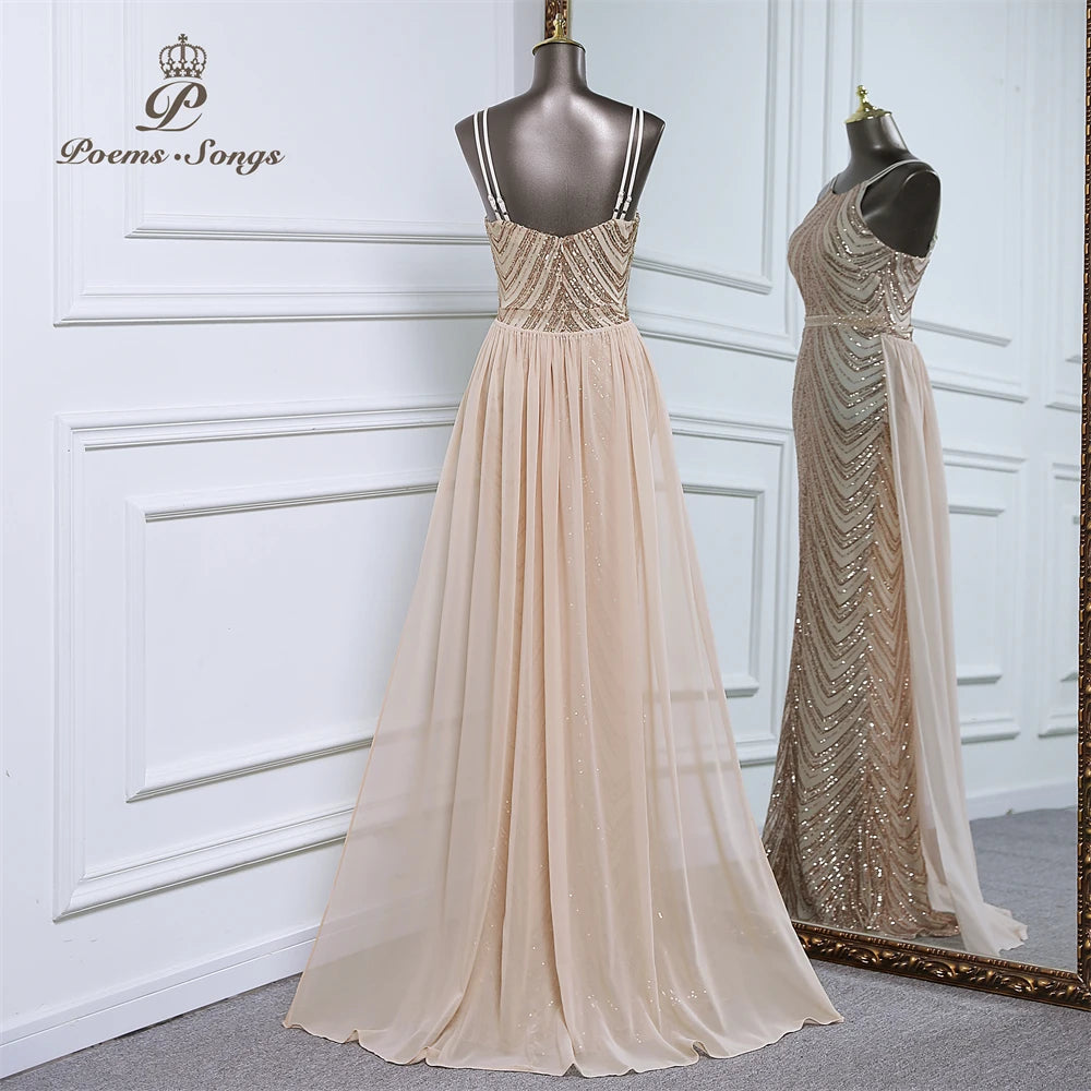 luxury sequins mermaid evening dress With Detachable Chiffon Train Prom Dress evening party dresses for women wedding party