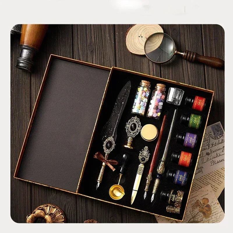European Style Quill Pens Set with Ink New Retro Dipping Quill Pen Wholesale Lacquer Seal Student Dip Pencil Feather Pen Gifts