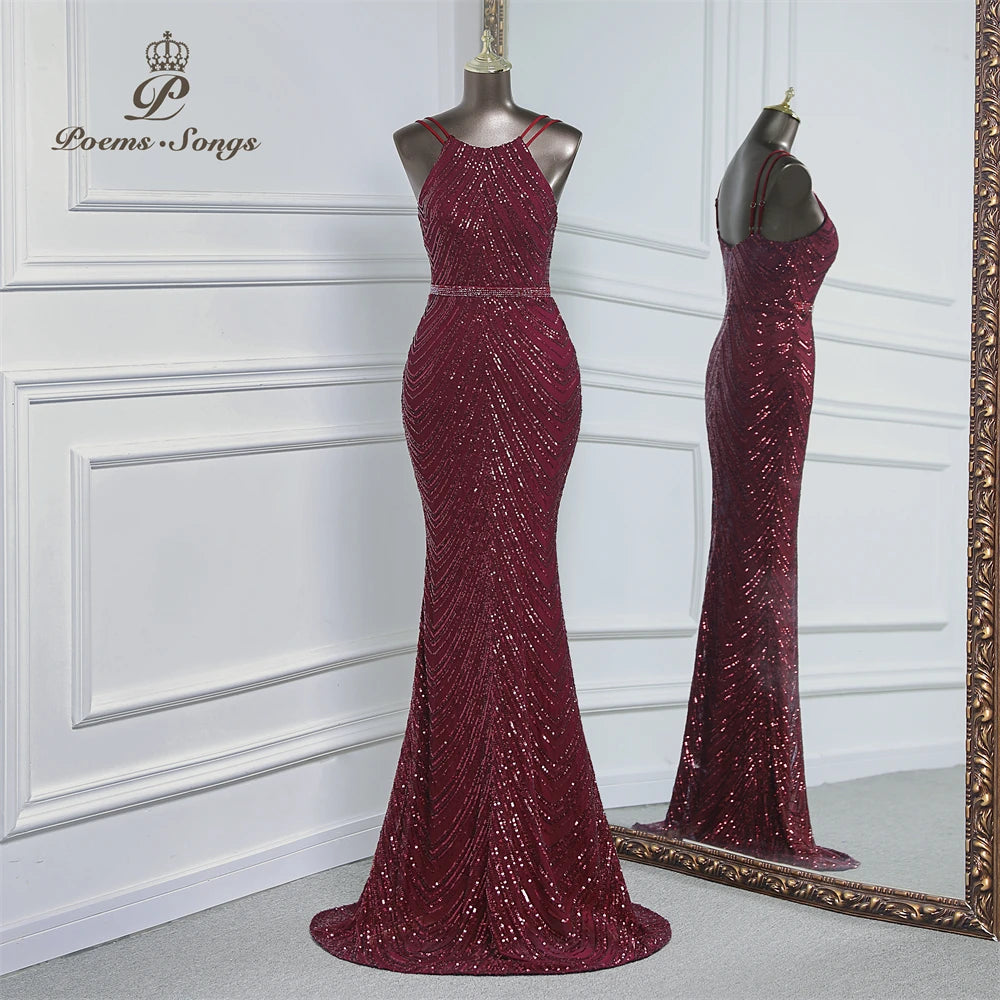 luxury sequins mermaid evening dress With Detachable Chiffon Train Prom Dress evening party dresses for women wedding party