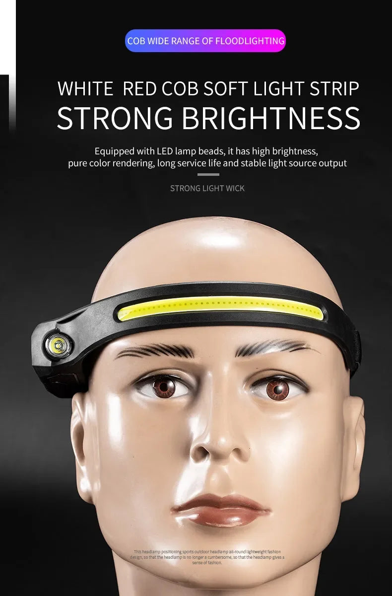 LED COB Induction Headlamp Built-in Battery Sensor Head Flashlight USB Rechargeable 5 Lighting Modes Waterproof Headlight