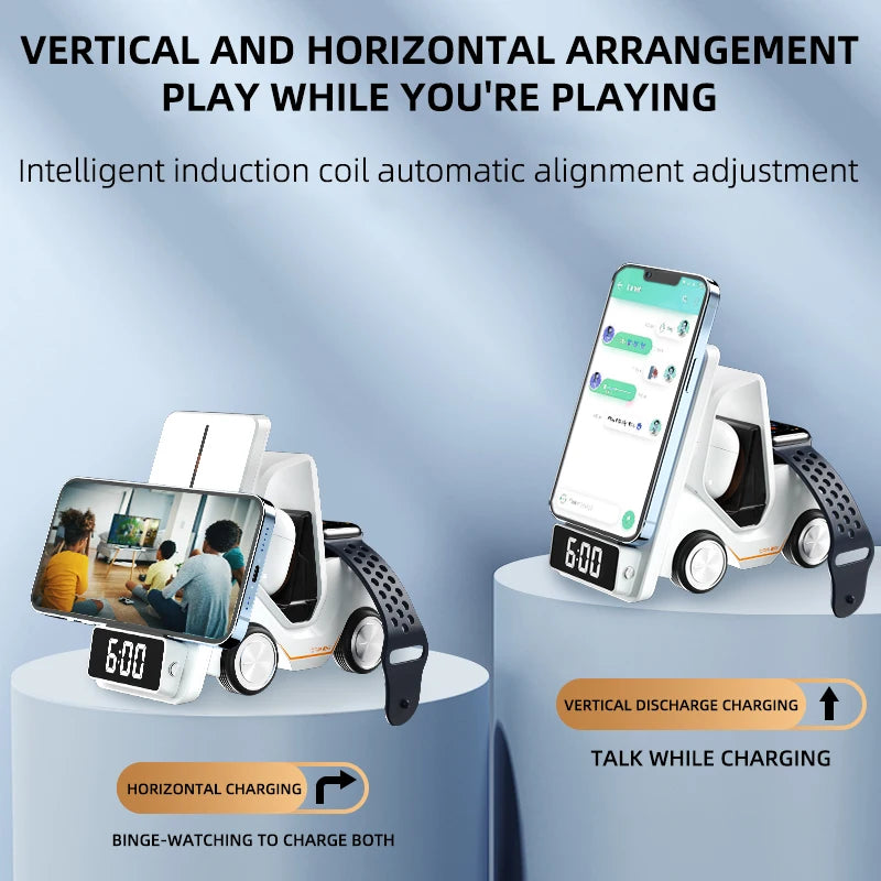 Wireless Charger 4 in 1 Forklift Design Fast Charging Dock with Alarm Clock Time For iPhone/iWatch/AirPods Pro