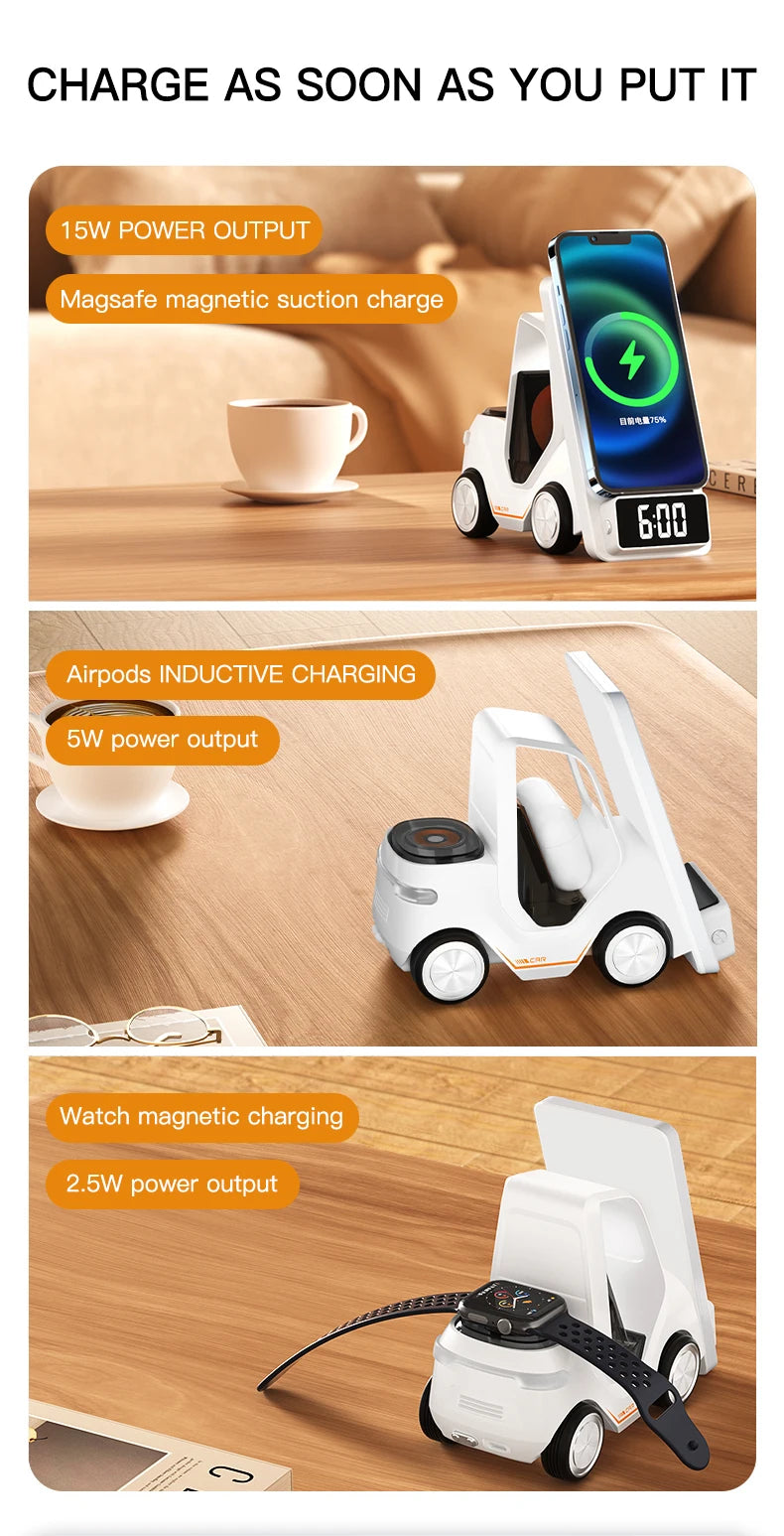 Wireless Charger 4 in 1 Forklift Design Fast Charging Dock with Alarm Clock Time For iPhone/iWatch/AirPods Pro