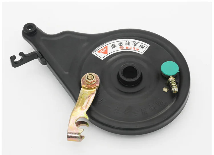 Electric scooter with 110-volt motor and integrated rear brake, electric motorcycle drum brake, tensioning assembly.