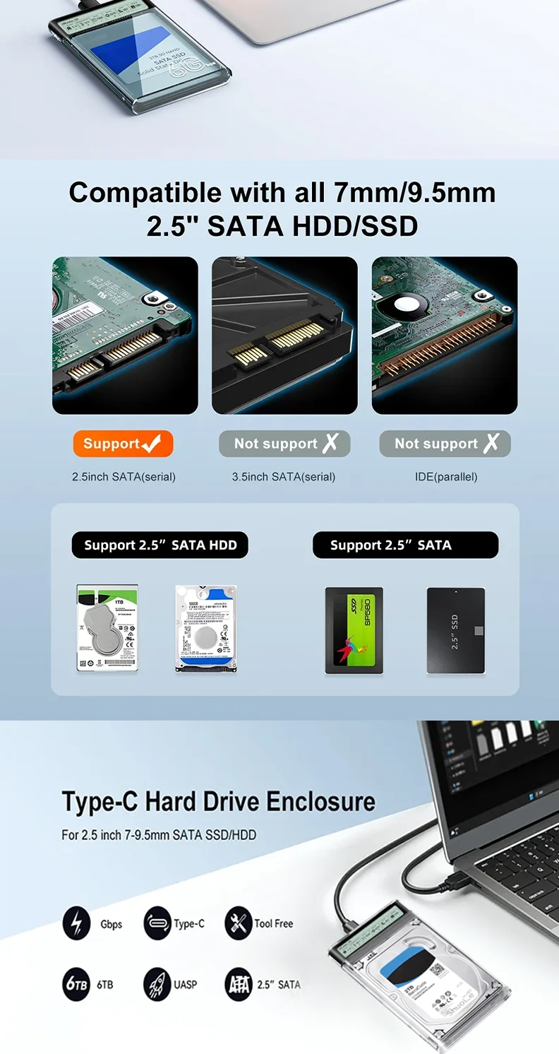 HDD Case Enclosure Box 2.5 SSD SATA To USB 3.2 With 5Gbps Adapter External Housing Hard Drive Box Transparent