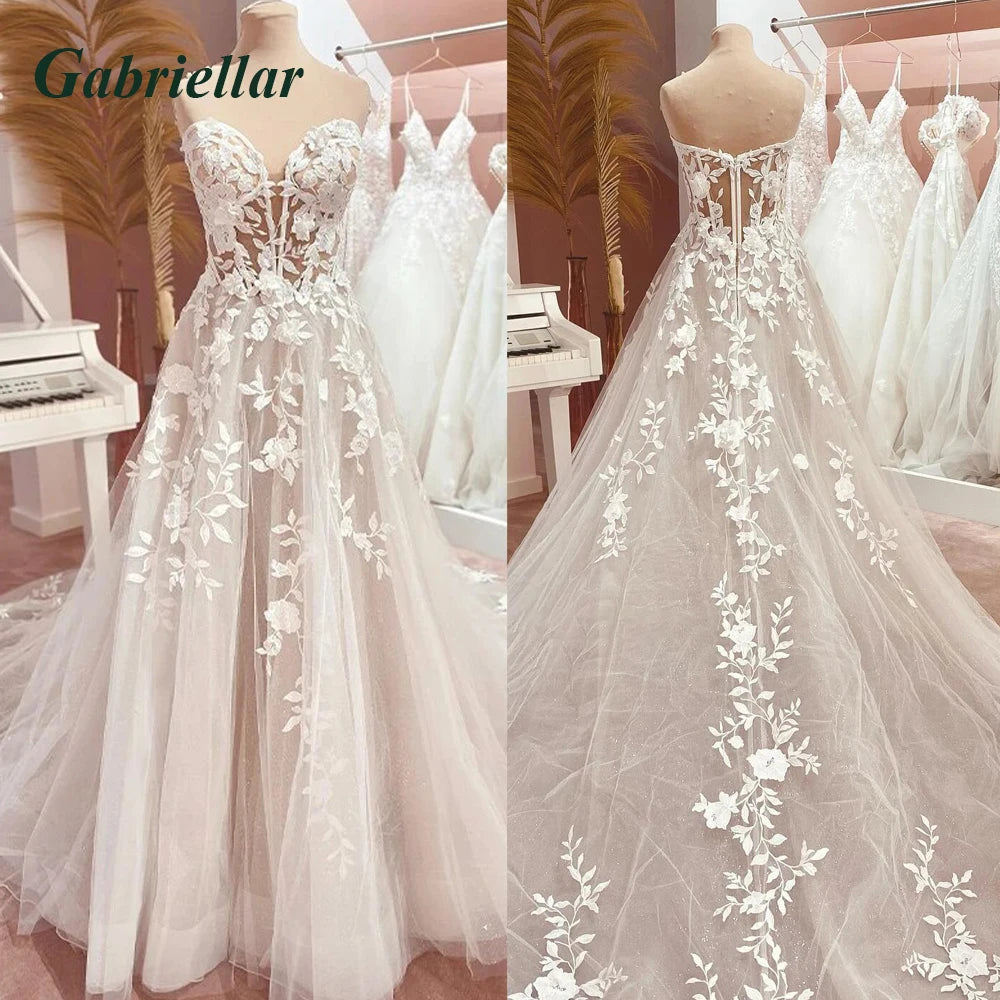 Gabriellar Charming Strapless Wedding Dresses A-line Pleat Lace Appliques Zipper Sweep Train Brautkleid De Mariee Customized