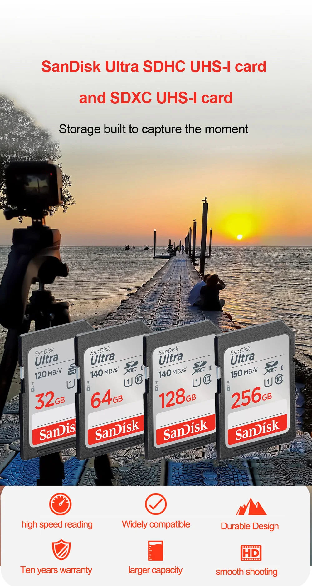 SanDisk Full-Size SD Card 32GB SDHC C10 64GB 128GB 256GB SDXC Card 512GB cartao de memoria carte sd tarjeta For HD video Camera
