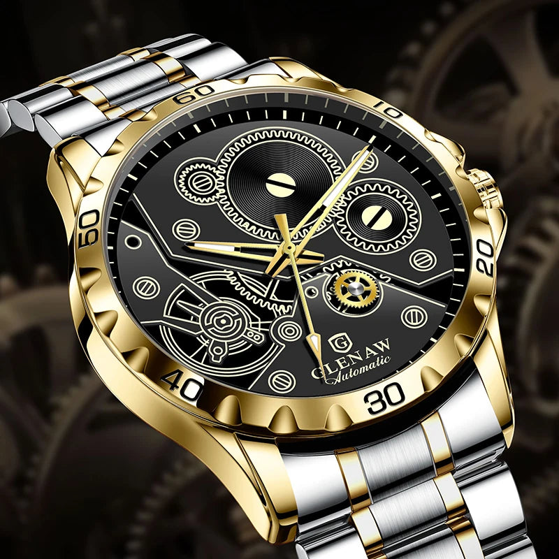 2025 New Glenaw Watches Gear Mechanical All Luminous Design Style Stainless Steel Waterproof Mechanical Watch Men Clock GL8688