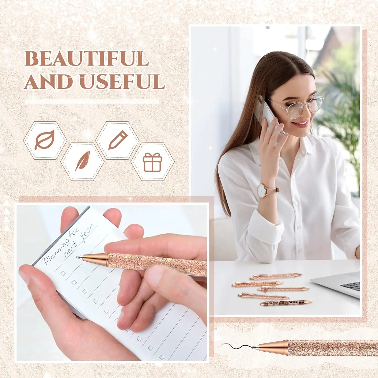 7 Pcs Fancy Pens For Women Cute Pens Sparkly Glitter Pens with 10 Pcs Black Ink Refills Pretty Pen Gifts Journaling Pens