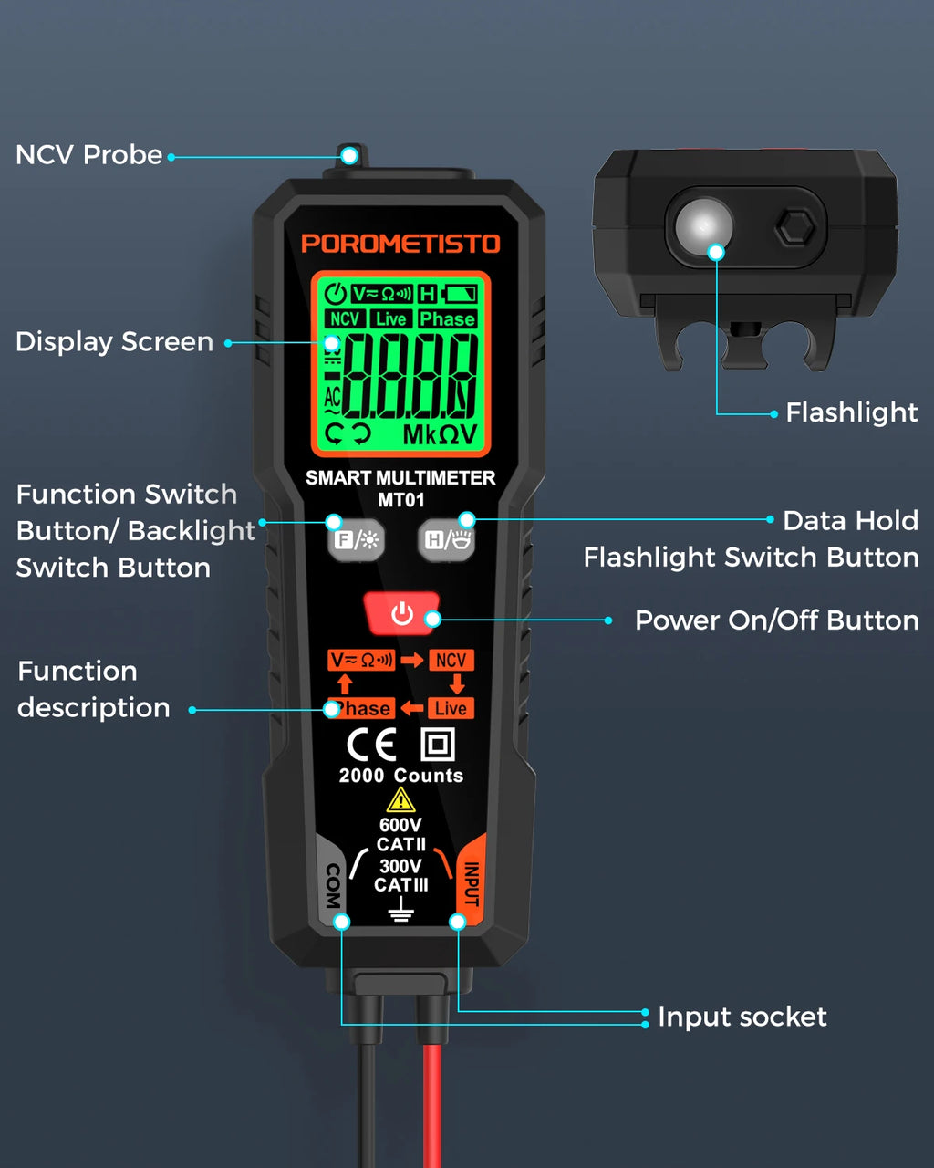 MT01 Digital Multimeter 2000 Counts 600V AC/DC Volt Meter Auto-ranging NCV Phase Sequence Resistance Multimetre with Backlight