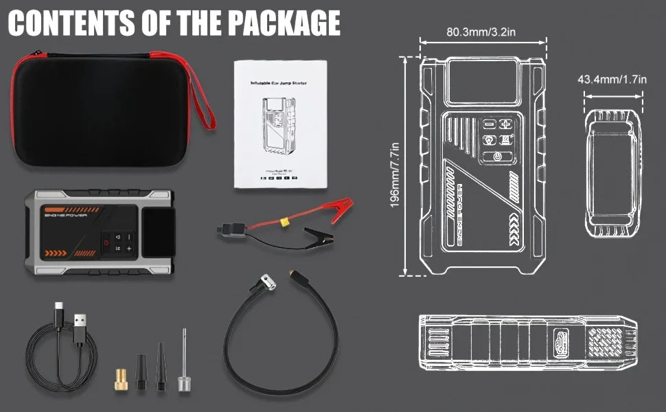 10000mAh Jump Starter Power Bank 12V Car Battery Booster Power Bank with Air Pump Jump Box  Emergency Start-up Power Supply