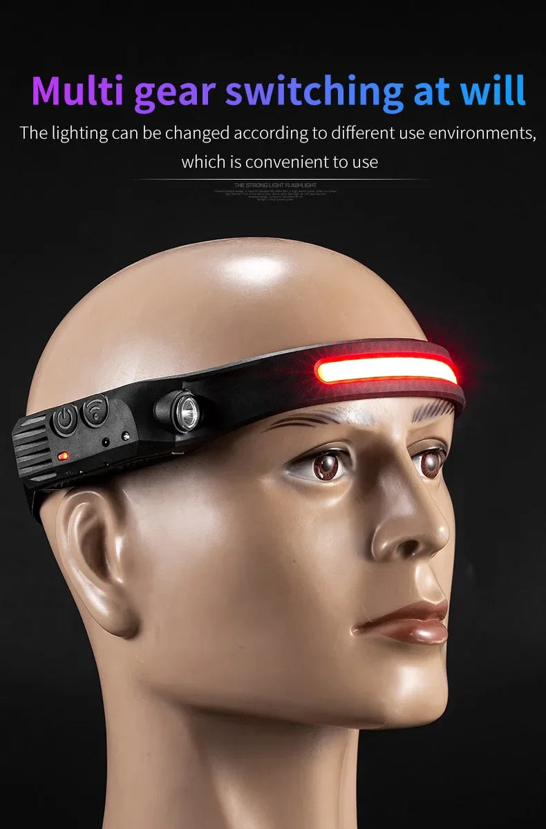 LED COB Induction Headlamp Built-in Battery Sensor Head Flashlight USB Rechargeable 5 Lighting Modes Waterproof Headlight