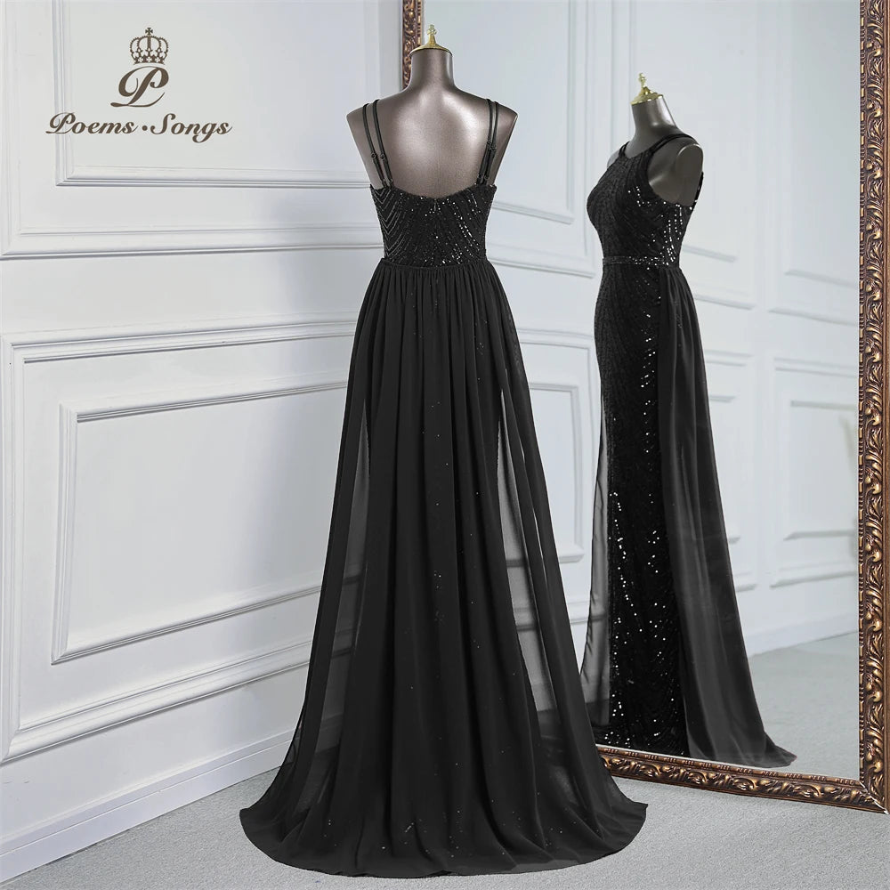 luxury sequins mermaid evening dress With Detachable Chiffon Train Prom Dress evening party dresses for women wedding party