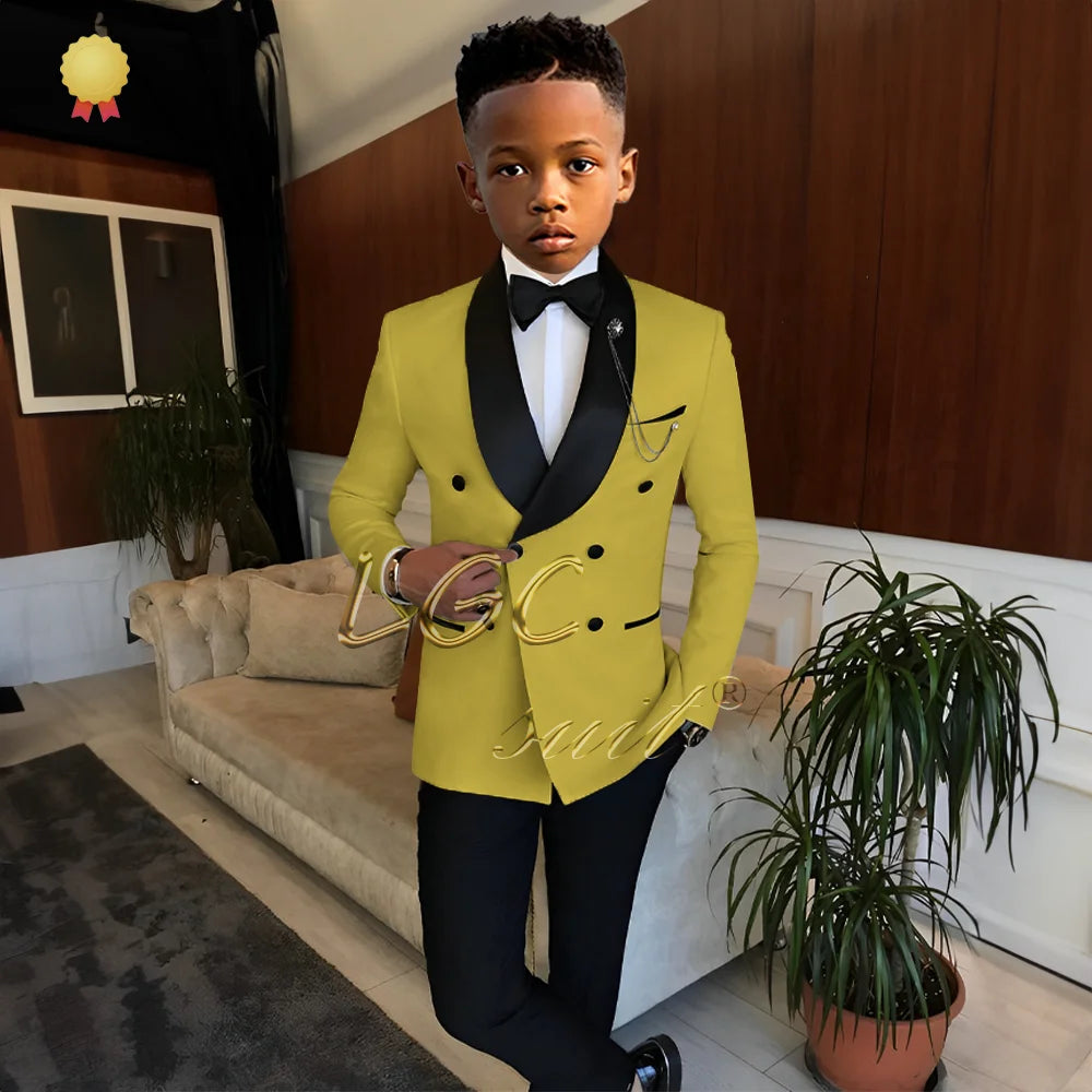 Boy's wedding black shawl collar double-breasted dress and trouser suit, tuxedo custom suit for boys 2 to 16 years old