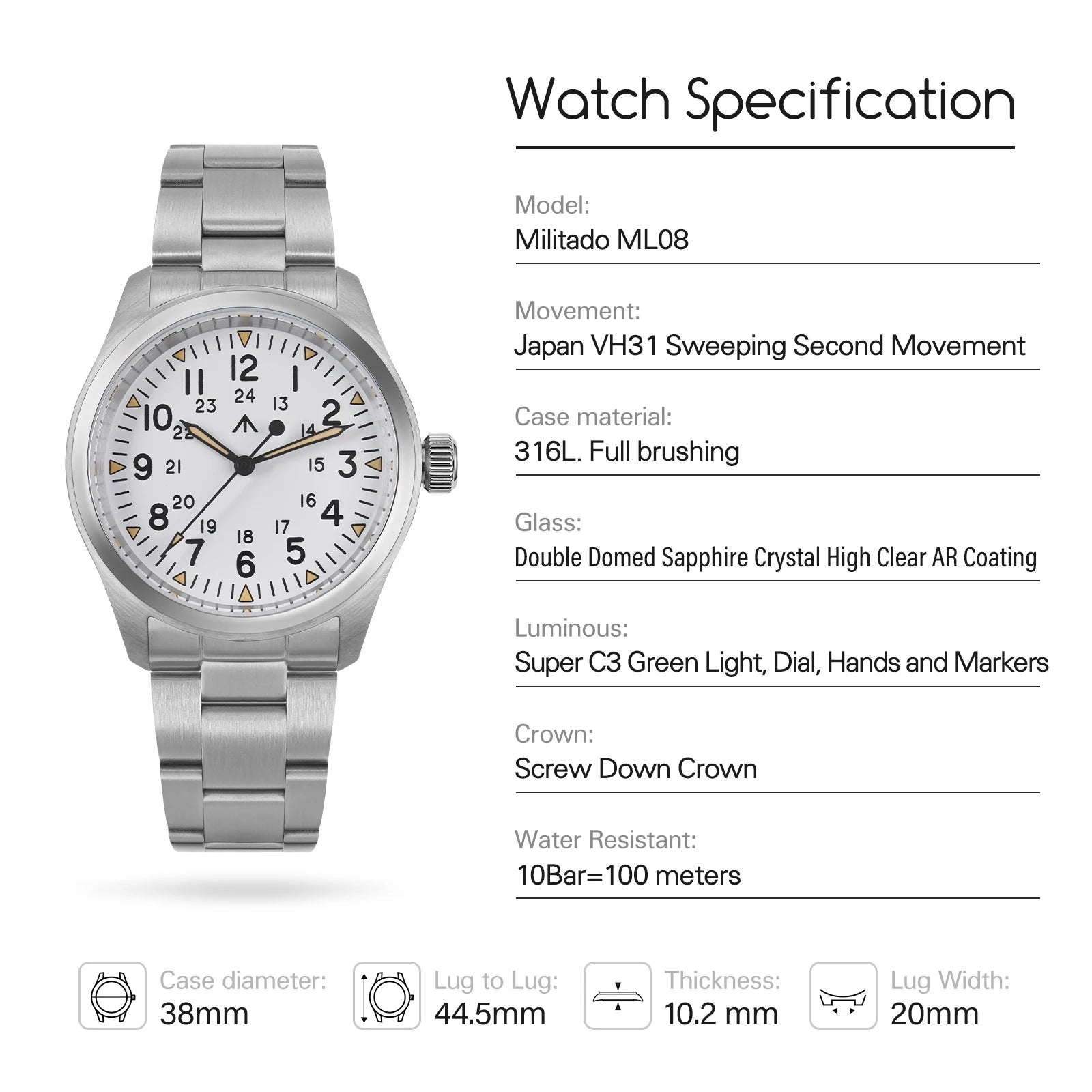 Militado ML08 Military Watch VH31 Quartz Movement Double Domed Sapphire C3 Super Luminous 10Bar Waterproof 38mm Vintage Watches