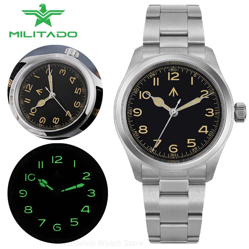 Militado ML08 Military Watch VH31 Quartz Movement Double Domed Sapphire C3 Super Luminous 10Bar Waterproof 38mm Vintage Watches
