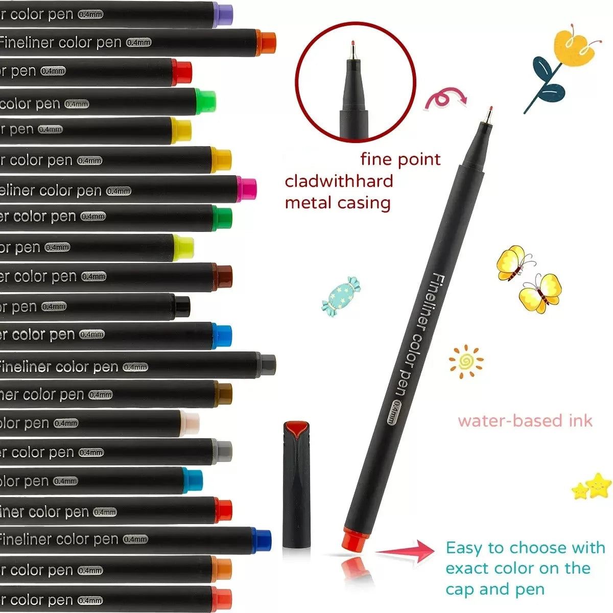 24pcs Fineliner Point Pens - for Coloring, Sketching, Outlining, and Drawing - Comfortable Grip, Vibrant Ink Flow, and Precise