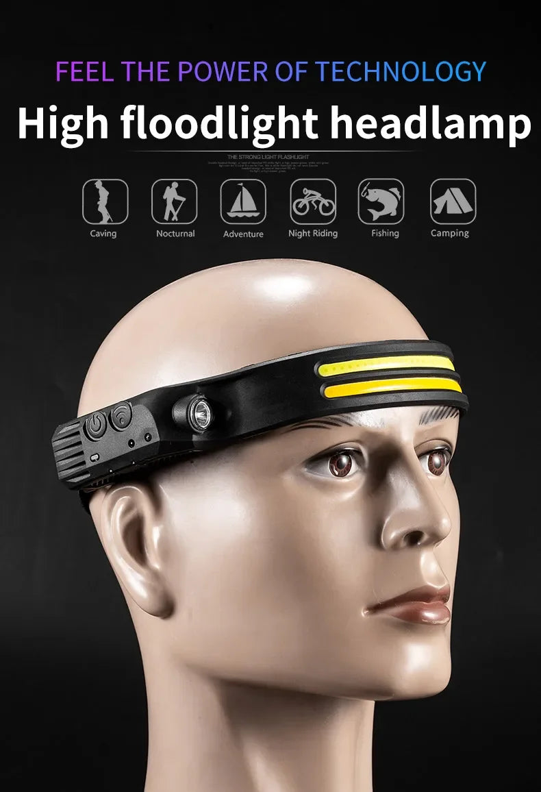 LED COB Induction Headlamp Built-in Battery Sensor Head Flashlight USB Rechargeable 5 Lighting Modes Waterproof Headlight