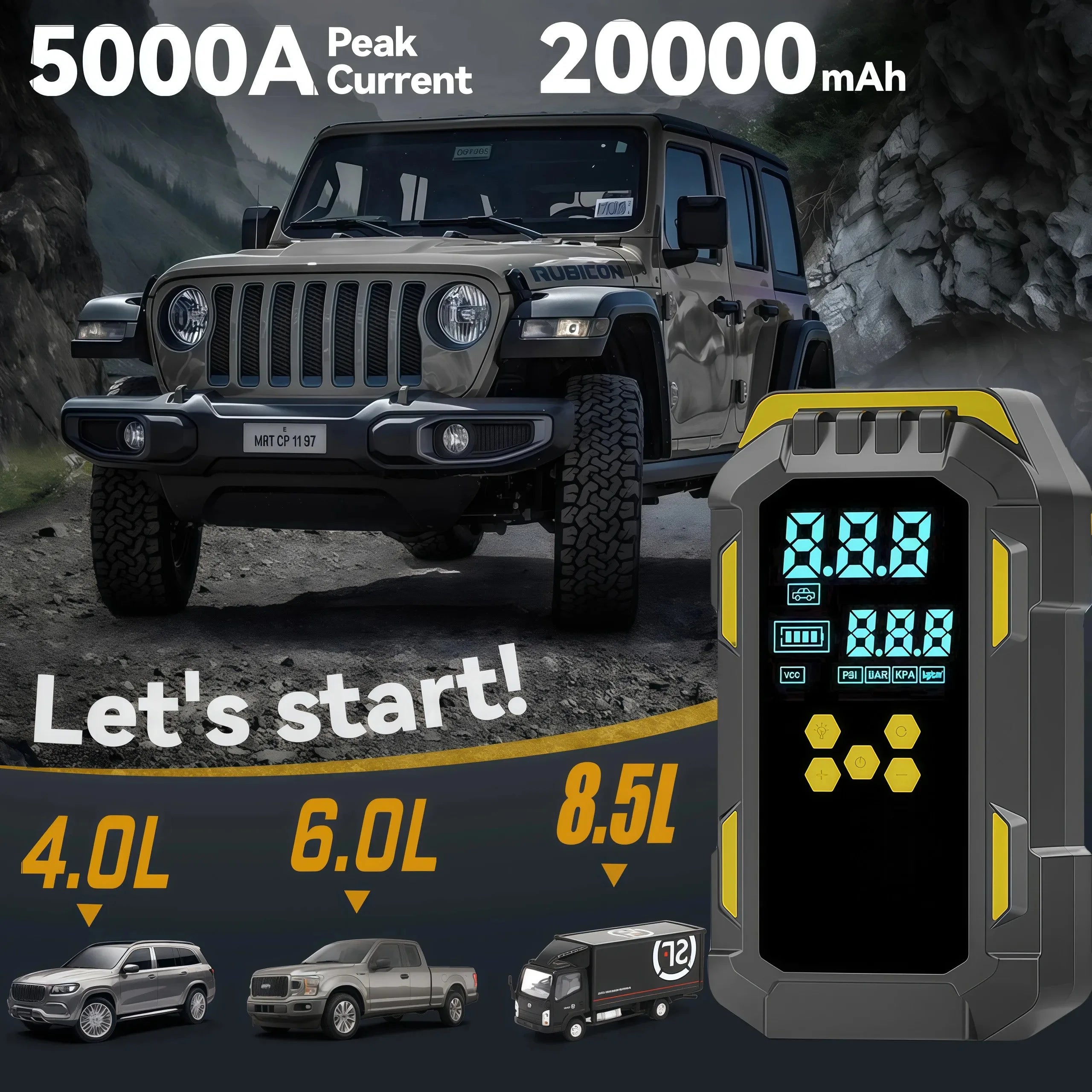Portable Car Jump Starter with Air Compressor - 12V Emergency Power Bank for Vehicle Battery Boost, Fast Inflation for Tires