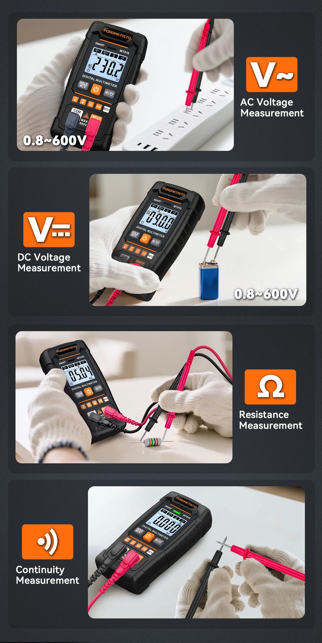 MT01S Digital Multimeter 4000 Counts Smart Auto-Range AC/DC Voltage Resistance Continuity Test Profesional Electrician Tester