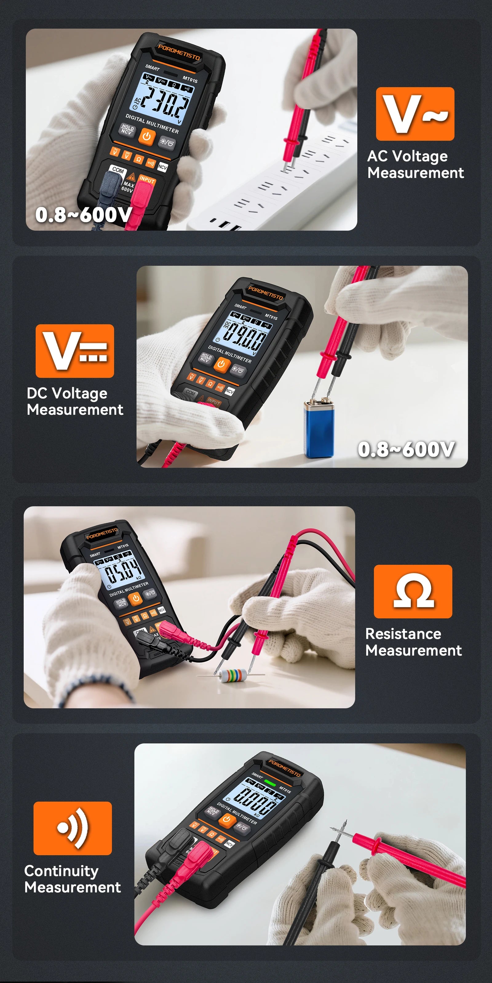 MT01S Digital Multimeter 4000 Counts Smart Auto-Range AC/DC Voltage Resistance Continuity Test Profesional Electrician Tester