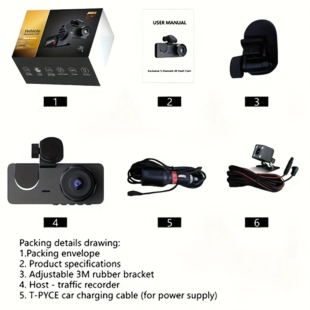 Triple Lens WiFi Dashcam 2/3 Channel Car Camera 1080P HD Video Recorder, Night Vision Car DVR with Wide Angle for Front and Rea