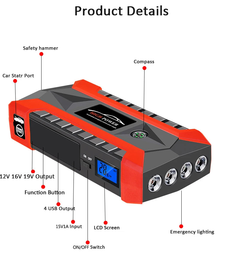 Car Jump Starter Power Bank for Mobile Phones Tablet Charger Auto Jumper Engine Battery Emergency with Flashlight 39800mAh