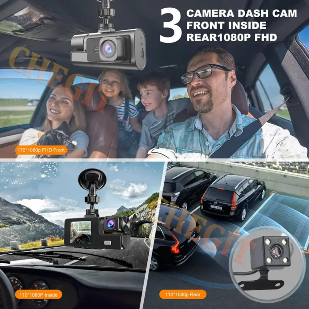 3Lens Dash Cam for Cars 2" Car DVR 1080P Video Recorder Front Rear View Camera for Vehicle Night Vision Black Box Car Assecorie