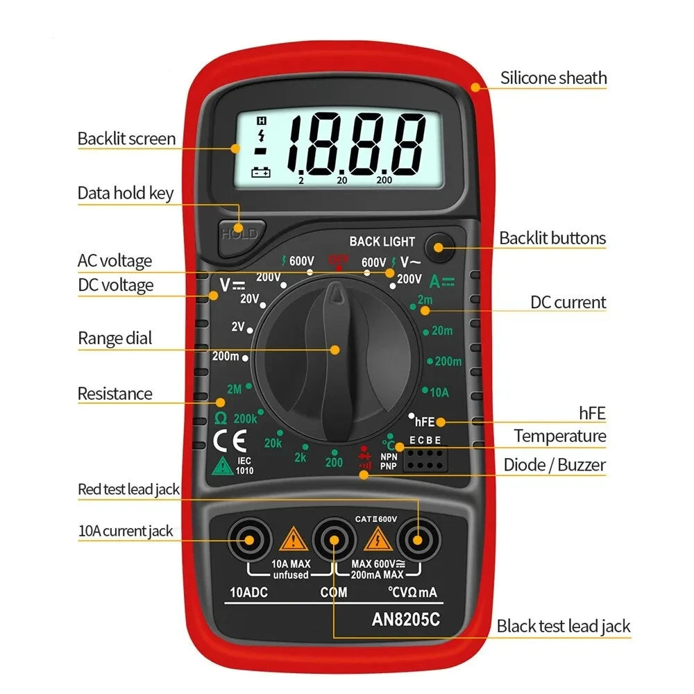 Digital Multimeter AC/DC Ammeter Volt Ohm Multimetro Tester Meter With Thermocouple LCD Backlight Portable