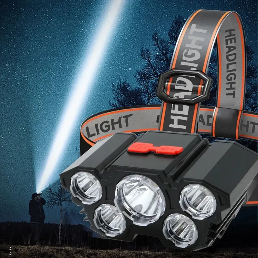 5 LED Strong Light Headlamp Built in 18650 Battery USB Rechargeable Head Flashlight Outdoor Ultra Bright Fishing Camping Lamp