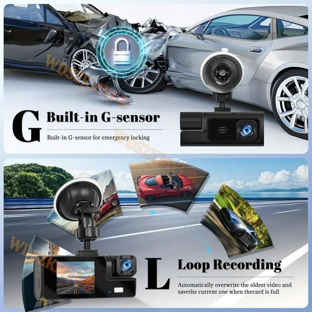 3Lens Dash Cam for Cars 2" Car DVR 1080P Video Recorder Front Rear View Camera for Vehicle Night Vision Black Box Car Assecorie